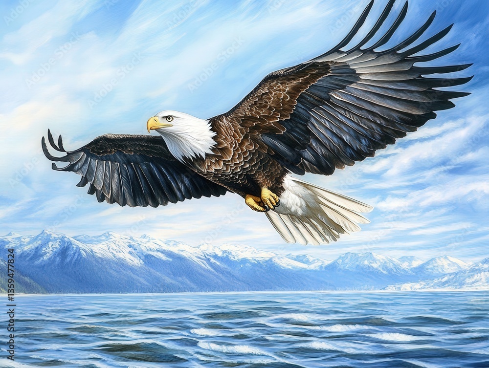 Fototapeta premium Majestic Bald Eagle Soaring Above a Scenic Mountainous Landscape and Calm Ocean