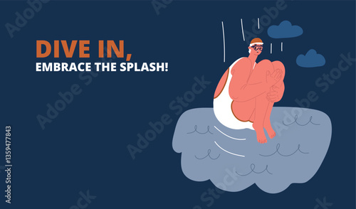 Cartoon vector illustration of a woman diving into a pool, wearing a swim cap and swimsuit, embracing the thrill and joy of swimming.