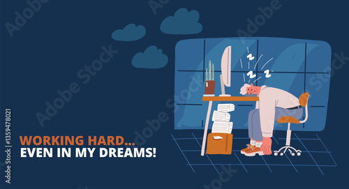 Cartoon vector illustration of an office worker slumped at his desk, overwhelmed by burnout and exhaustion.