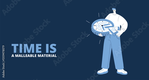 Cartoon vector illustration of a man pulling a piece from a clock, symbolizing the manipulation and distortion of time against a dark background.