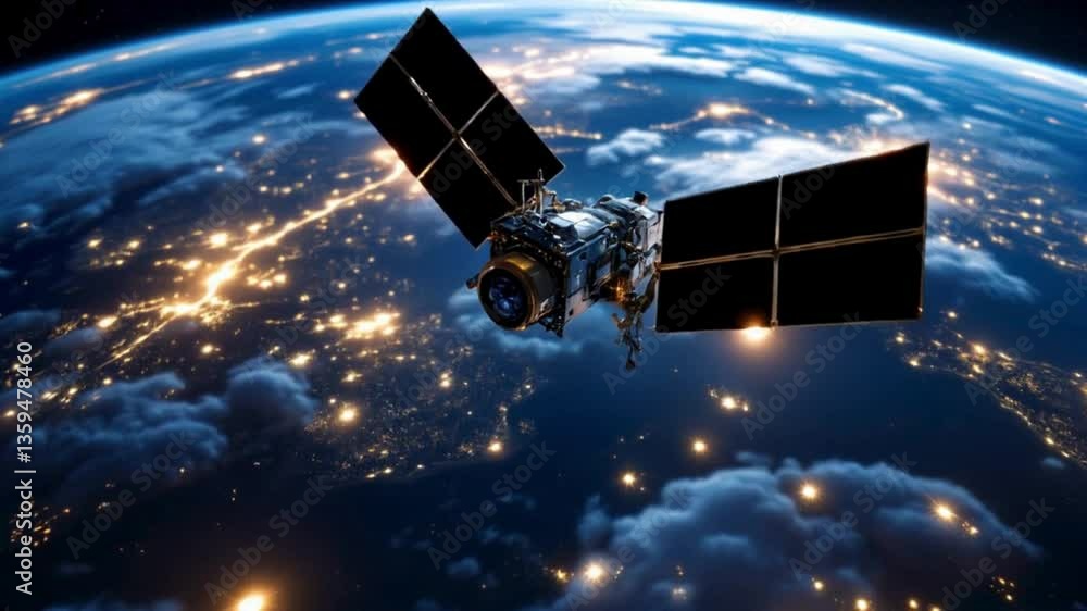 A high tech satellite glides smoothly in low Earth orbit, capturing stunning views of continents, oceans, and glowing city lights at night while its antennas adjust for seamless communication A high tech satellite glides smoothly in low Earth orbit, capturing stunning views of continents, oceans, and glowing city lights at night while its antennas adjust for seamless communication