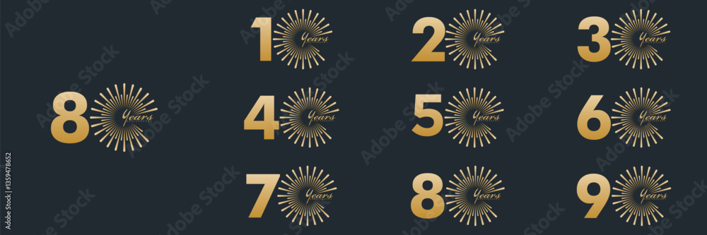 Fototapeta premium collection anniversary 10 to 90 year logo designs. abstract number, vector illustration. gold logo and black background