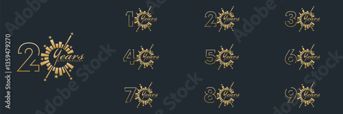 collection anniversary 10 to 90 year logo designs. abstract number, vector illustration. gold logo and black background