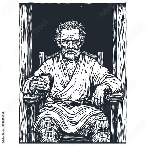 Vector illustration of a disheveled man with hangover in bathrobe sitting with glass in hand. Humorous black and white  illustration depicting morning-after effects with exaggerated tired expression.