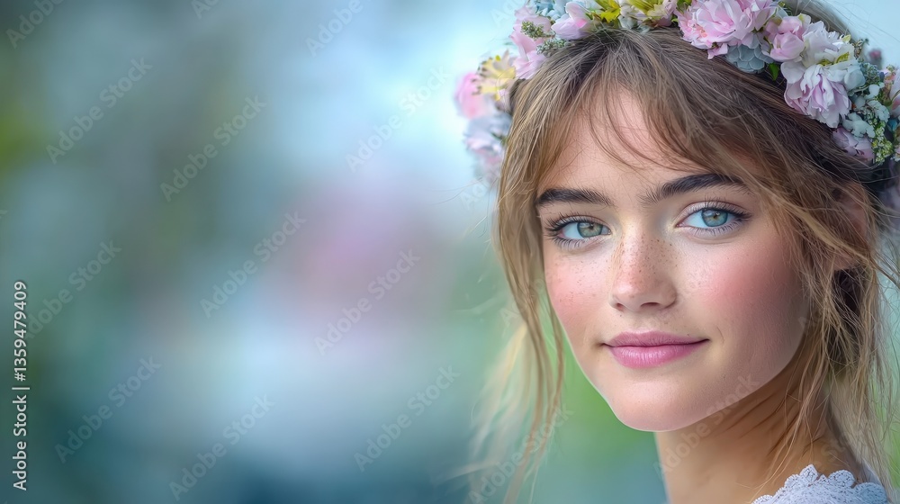 Naklejka premium Beautiful Woman Flower Crown Portrait Soft Light High Resolution