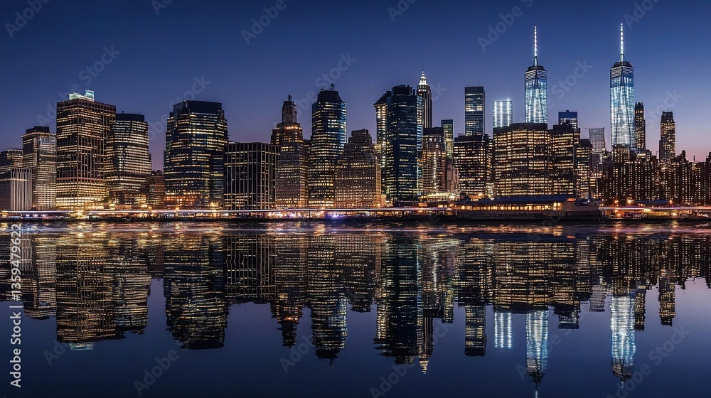 Obraz premium Panoramic Night View of New York City Skyline with Illuminated Skyscrapers Reflecting in Water, Vibrant City Lights Against Dark Blue Sky Highlighting Architectural Grandeur