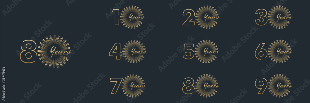 Fototapeta premium collection anniversary 10 to 90 year logo designs. abstract number, vector illustration. gold logo and black background