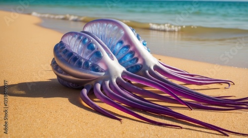 Physalia physalis, also known as a Portuguese man o war, lies helpless on a warm, golden sandy beach, its translucent blue gas-filled bladders glistening in the sunlight, slender purple tentacles