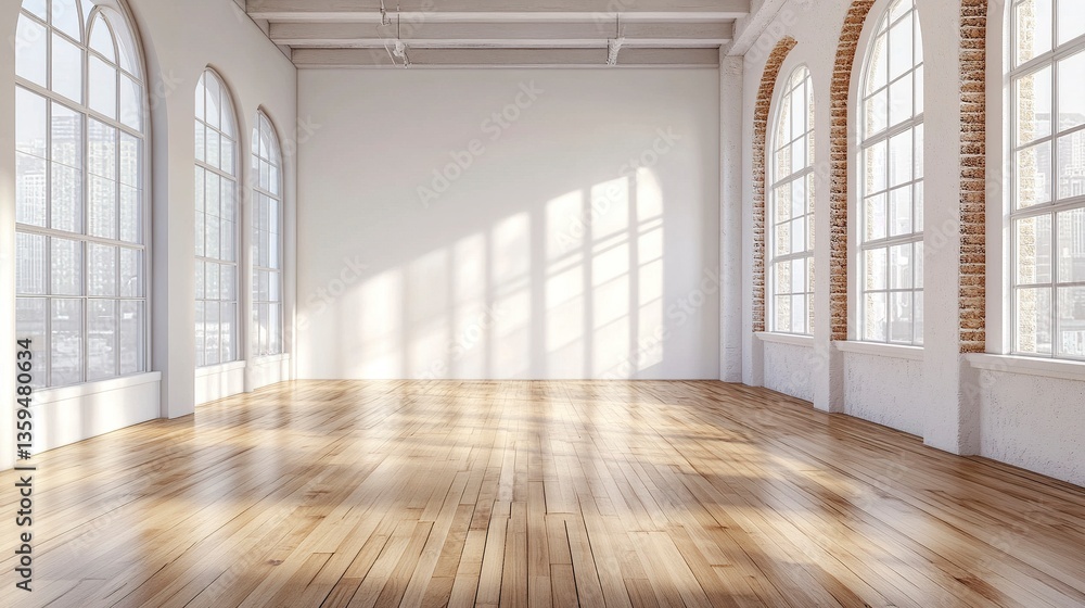 Blank white wall mockup in a modern, sunlit gallery, surrounded by sleek wooden floors and large windows casting natural light and subtle shadows across the space. Blank white wall mockup in a modern, sunlit gallery, surrounded by sleek wooden floors and large windows casting natural light and subtle shadows across the space.