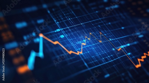Stock Market Graph with Blue and Orange Lines Representing Data Movement on Dark Blue Abstract Background, Emphasizing Financial Charts with Blurred Edges for Business Presentation