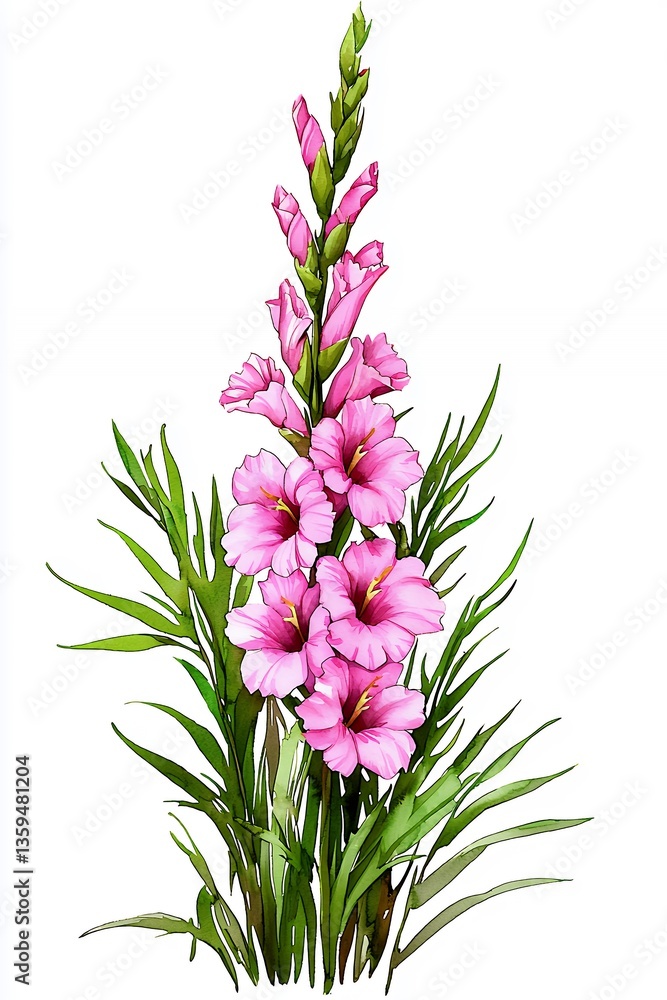 Obraz premium Pink Gladiolus Flowers with Green Leaves on White Background