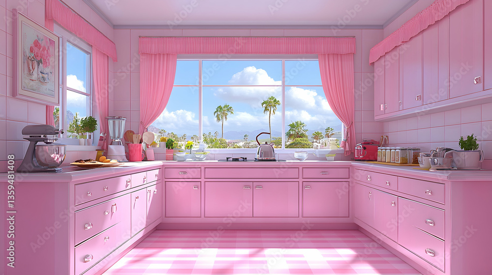 Fototapeta premium An all-pink kitchen with checkered floors large windows with palm tree views and appliances and dishes on the counterto