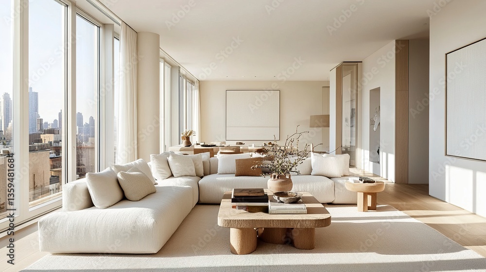 Fototapeta premium Bright and cozy living room featuring a neutral palette, plush seating, and minimal decor, with natural light highlighting the clean and modern design. 