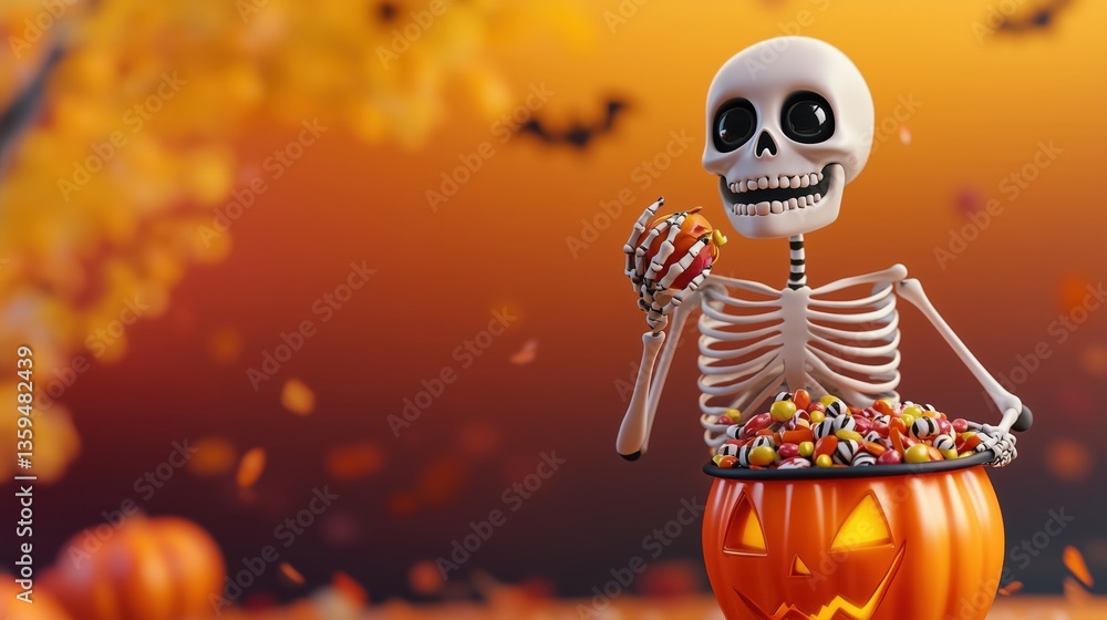 Fun Spooky Skeleton Enjoying Halloween Candy in Pumpkin Bucket Fun Spooky Skeleton Enjoying Halloween Candy in Pumpkin Bucket