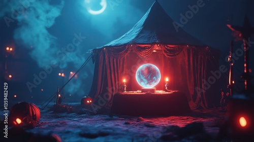 Mysterious Halloween Fortune Teller Tent with Crystal Ball and Pumpkins