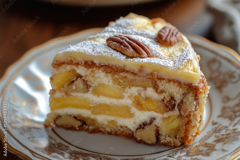 Fototapeta premium Hummingbird Cake Slice with Pecan and Butter in Homemade Recipe