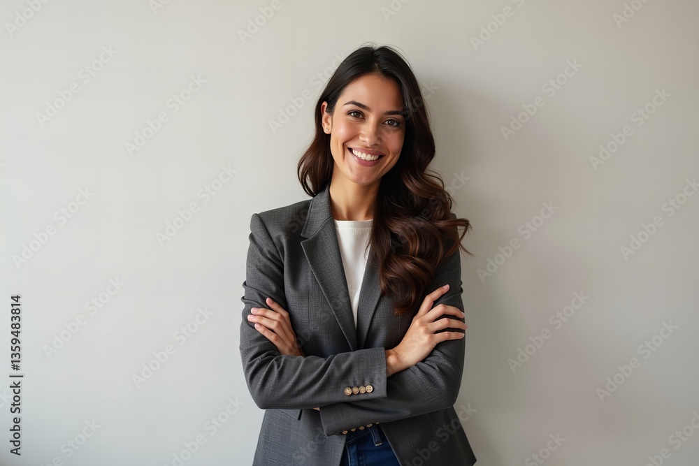 Confident Hispanic businesswoman smiling with crossed arms, making direct eye contact. Confident Hispanic businesswoman smiling with crossed arms, making direct eye contact.