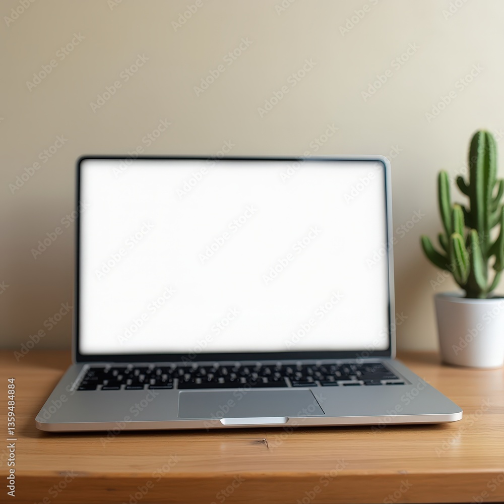 Fototapeta premium Sleek laptop and cactus on wooden table, beige wall, soft light, minimal workspace with tranquil productivity vibe