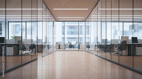 Modern animated office interior showcasing glass walls, sleek desks, and ergonomic chairs, highlighted by light gray tones, white ceiling, and light brown wooden floor, 