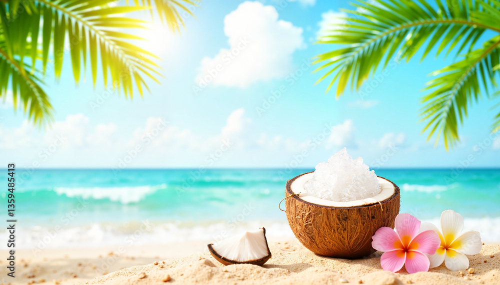Obraz premium Coconut water in half coconut shell on beach under bright sunlight, tropical vibe