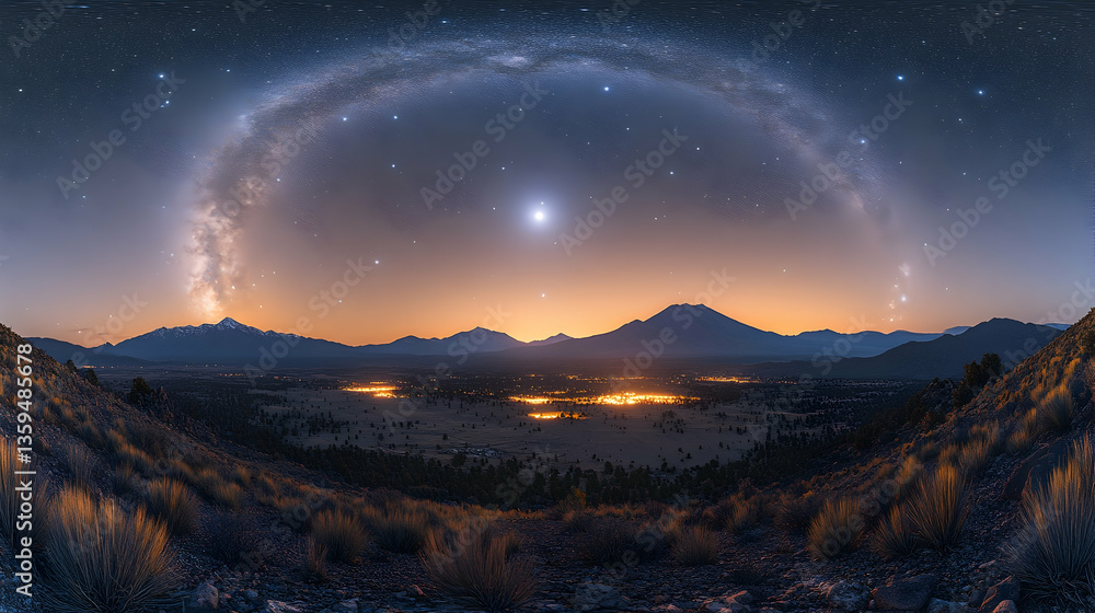 Fototapeta premium An expansive view of mountains under a night sky with a visible milky way arching over distant horizon Lights flicker i