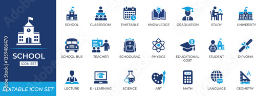 School icon set featuring education, learning, classroom, books, and academic symbols for teachers, students, and school projects.