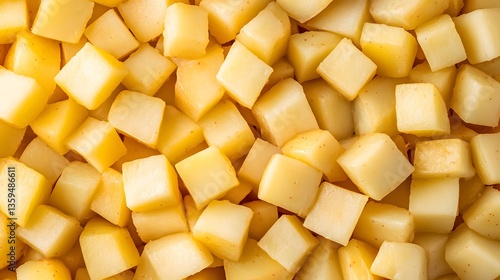 Close-up of Many Diced Potatoes Food Texture Background
