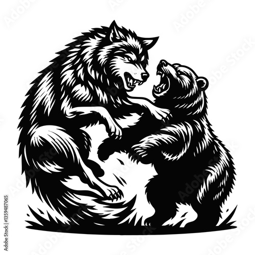 A wolf battling a bear black color vector isolated white background 