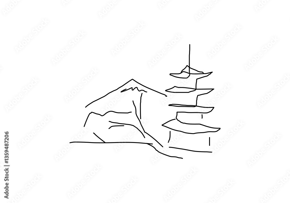 line abstract illustration of a Japanese landscape featuring a blooming tree and a traditional pagoda. line abstract illustration of a Japanese landscape featuring a blooming tree and a traditional pagoda.