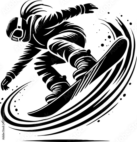 Female Snowboarder Performing A Trick Mid Jump, Black And White Snowboard Silhouette