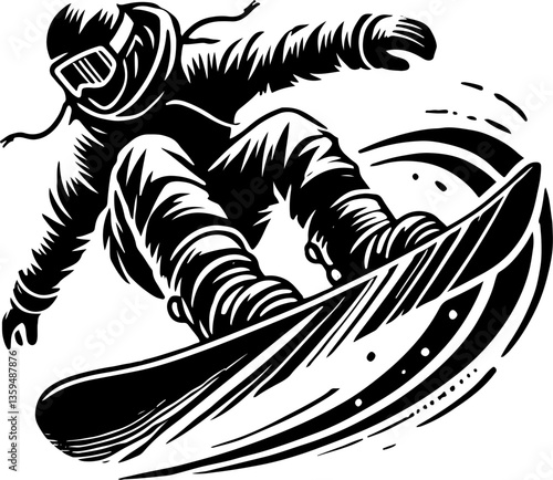 A Snowboarder Performing A Trick, Black And White Snowboard Silhouette