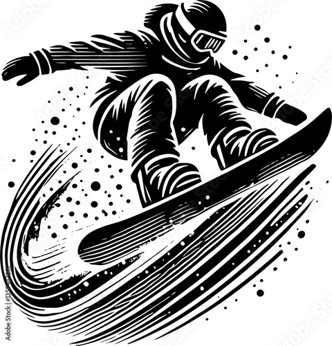Snowboarder Performing A Trick Mid Jump, Black And White Snowboard Silhouette