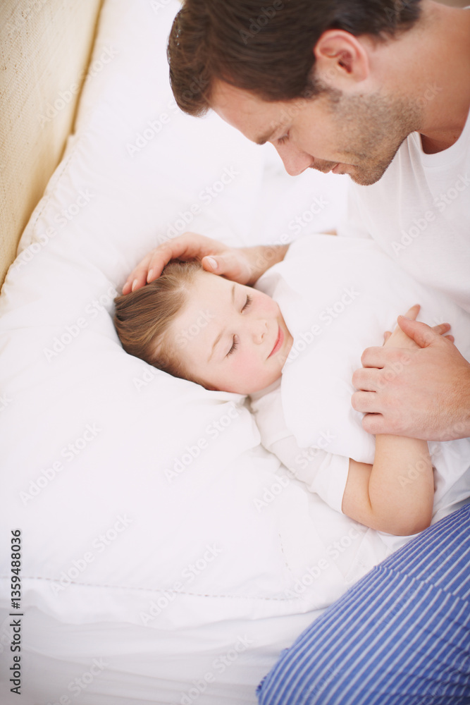 Home, dad and morning with sleeping daughter, wake up and love or affection for lazy weekend bonding. Family, single parent and care for happy child in bedroom, father and together for relationship Home, dad and morning with sleeping daughter, wake up and love or affection for lazy weekend bonding. Family, single parent and care for happy child in bedroom, father and together for relationship