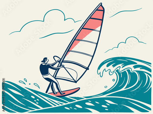 Windsurfer riding waves on a surfboard with colorful sail under a cloudy sky