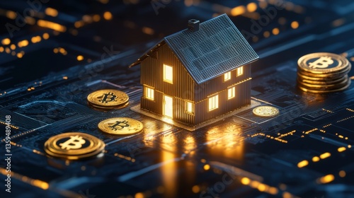 Futuristic Digital Rendering of a House Floating Above Stacks of Cryptocurrency Coins in an Augmented Reality Style with Detailed Features at 1 Gigapixel Resolution