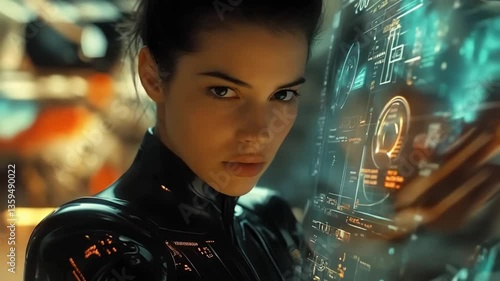 Futuristic video, young woman in a sleek suit interacting with holographic display, science fiction