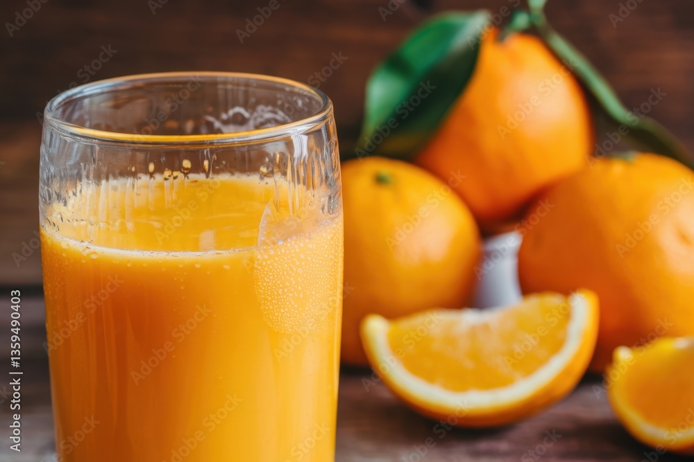 Refreshing citrus drink served in a glass beside vibrant oranges on a wooden table Refreshing citrus drink served in a glass beside vibrant oranges on a wooden table
