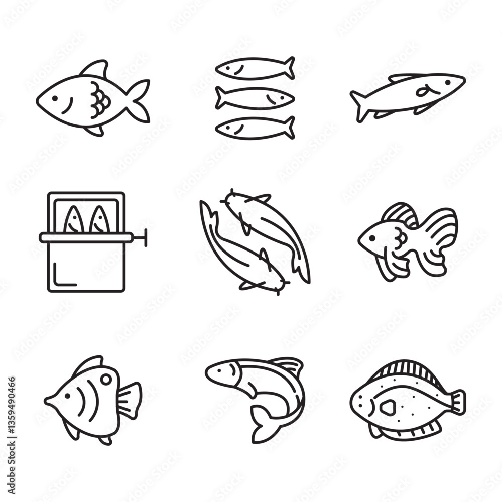 Naklejka premium Set of fish themed editable line art icons