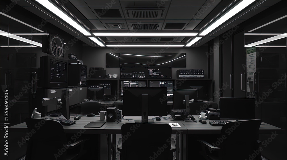 A classic black and white photograph of a Cyberpunk IT lab, employing intense dramatic lighting, high contrast, and a timeless elegant style to create tension A classic black and white photograph of a Cyberpunk IT lab, employing intense dramatic lighting, high contrast, and a timeless elegant style to create tension
