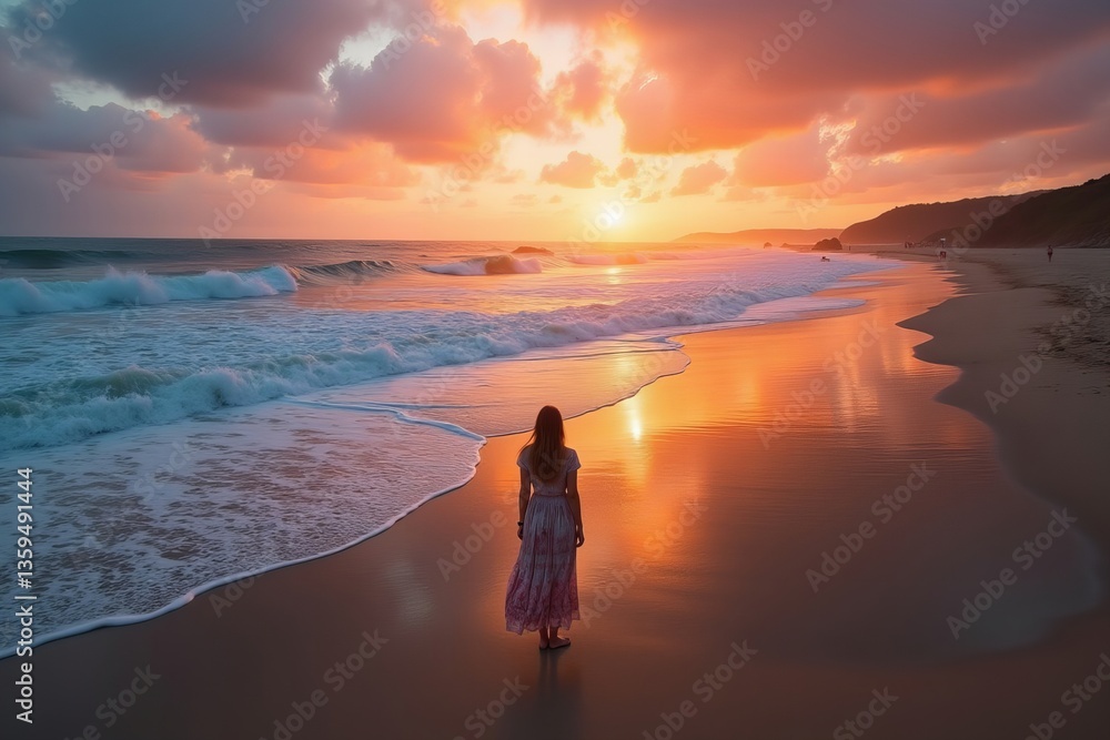Obraz premium Lonely Woman on Isolated Beach at Sunrise, Captured from Above with Waves and Vibrant Sky
