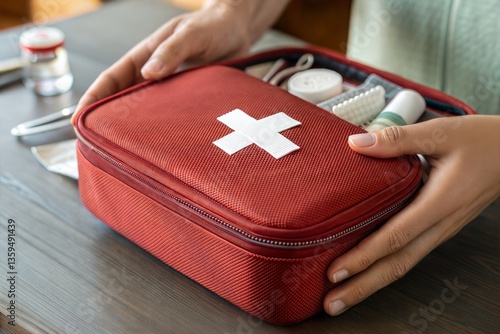 Red First-Aid Kit Held in Hands, Ready for Use