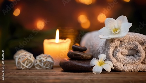 spa still life background with copy space with flowers towels and stones candlelight in the background