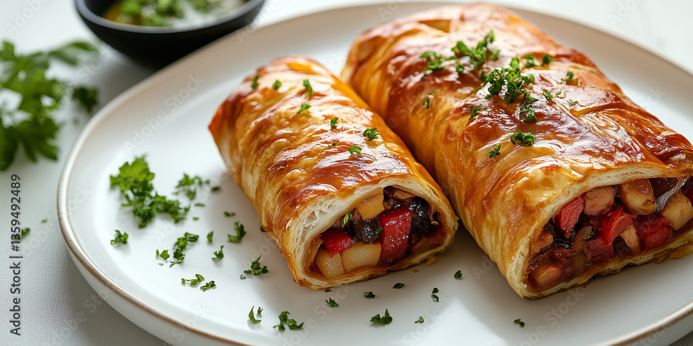 Golden baked strudel with a colorful vegetable filling served on a plate Golden baked strudel with a colorful vegetable filling served on a plate