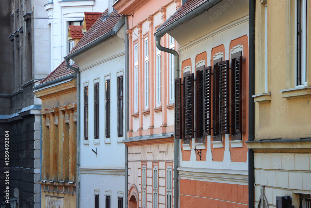 Colorful historic buildings in central Zagreb, Croatia.