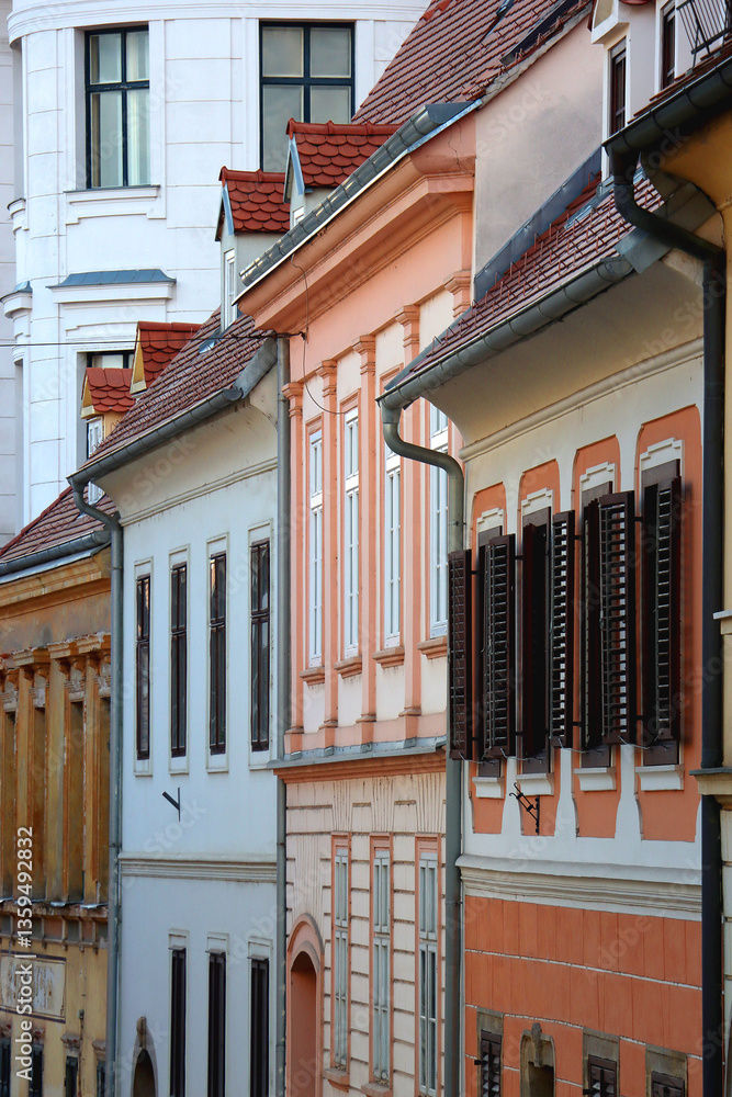 Colorful historic buildings in central Zagreb, Croatia.