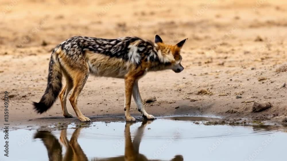 A jackal stands near a waterhole, drinking from the calm water while looking around cautiously, aware of any potential predators or rivals nearby..