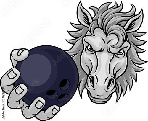 Horse mustang bronco stallion angry bowling sports team mascot holding a ball.