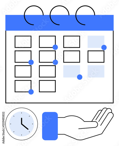 Calendar with marked dates, clock, and a hand symbolizing management of schedules, appointments, and priorities. Ideal for planning, productivity, organization, efficiency deadlines reminders flat