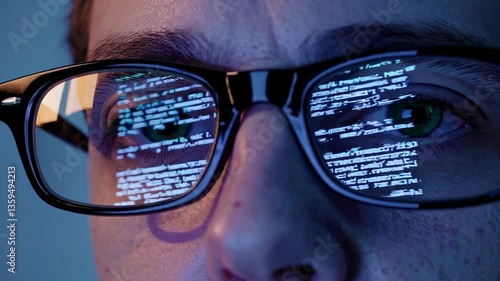 Futuristic reflection of coding in eyeglasses reveals intense focus on technology. 4k stock footage