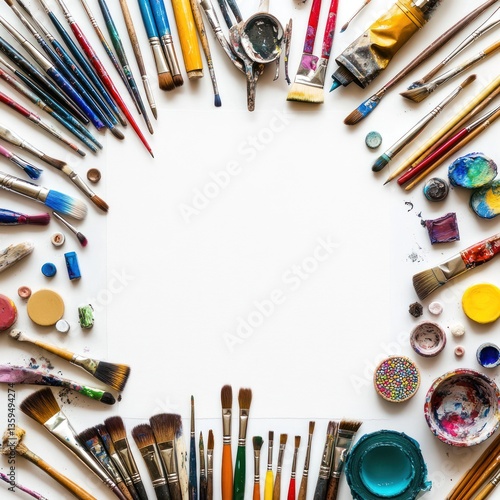 Colorful art supplies arranged in a circle around a blank canvas.  Various paintbrushes, tubes of paint, and art mediums are displayed, creating a vibrant and artistic setting